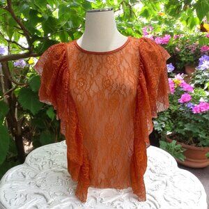 Haute Monde Orange Lace Flutter Sleeve Sheer Blouse Summer Romantic M